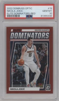 Nikola Jokic from the 2022-23 Panini Donruss Optic  set featuring a Red parallel graded by PSA and given an overall grade of 10.
