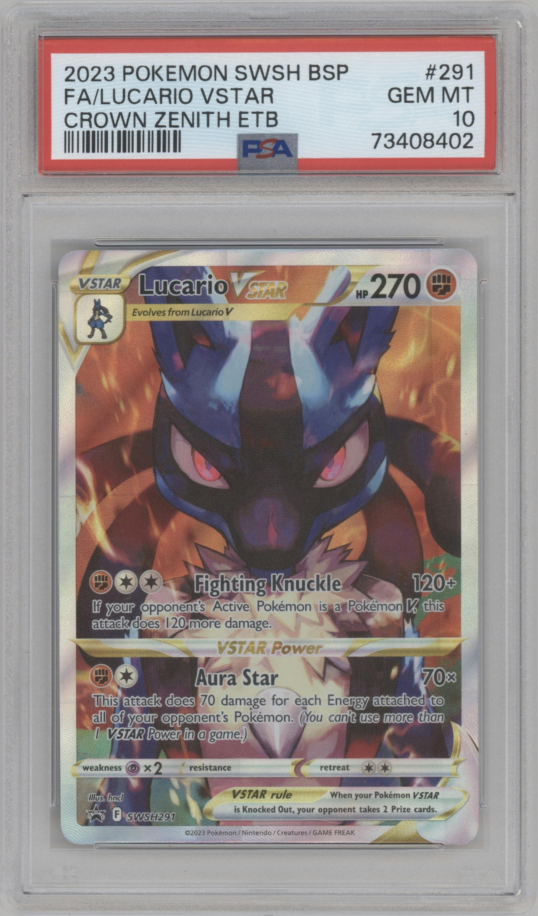 Lucario VStar from the 2023 Pokemon SWSH set featuring a Crown Zenith ETB parallel graded by PSA and given an overall grade of 10.