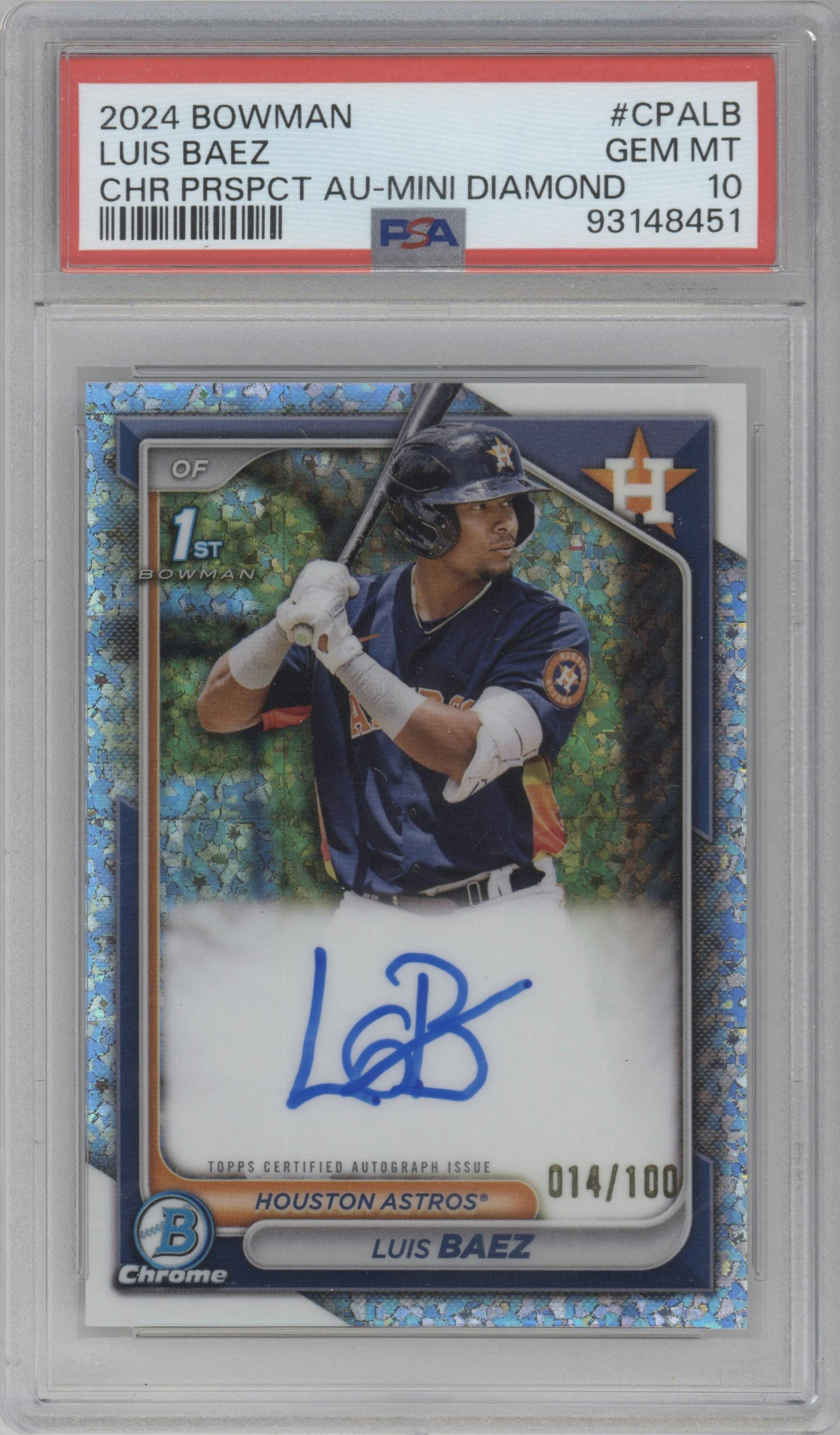 Luis Baez from the 2024 Bowman set featuring a Mini-Diamond Refractor parallel graded by PSA and given an overall grade of 10.