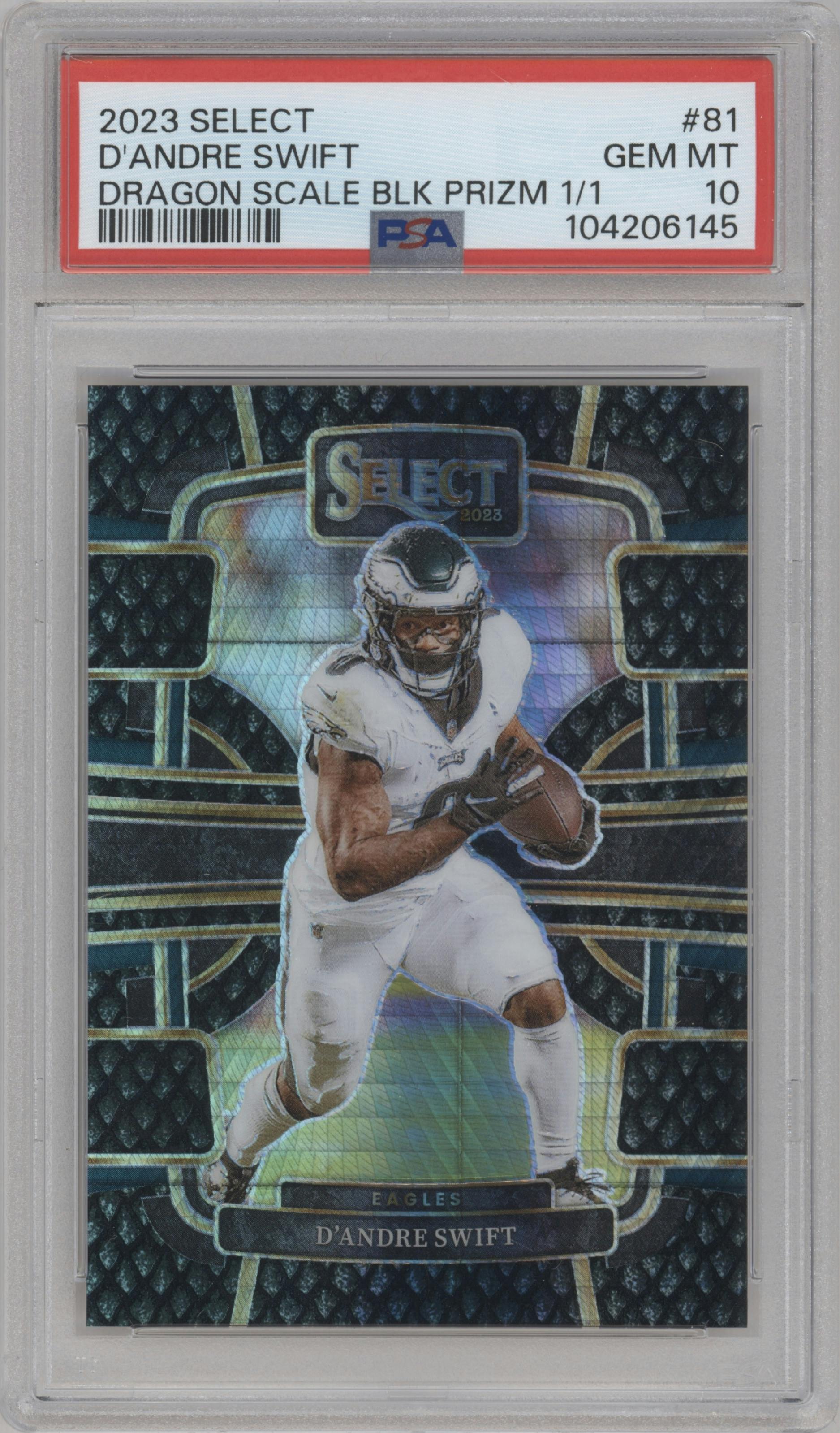 D’Andre Swift from the 2023 Panini Select set featuring a Dragon Scale Black Prizm parallel graded by PSA and given an overall grade of 10.
