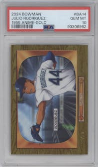 Julio Rodriguez from the 2024 Bowman set featuring a Gold Refractor parallel graded by PSA and given an overall grade of 10.
