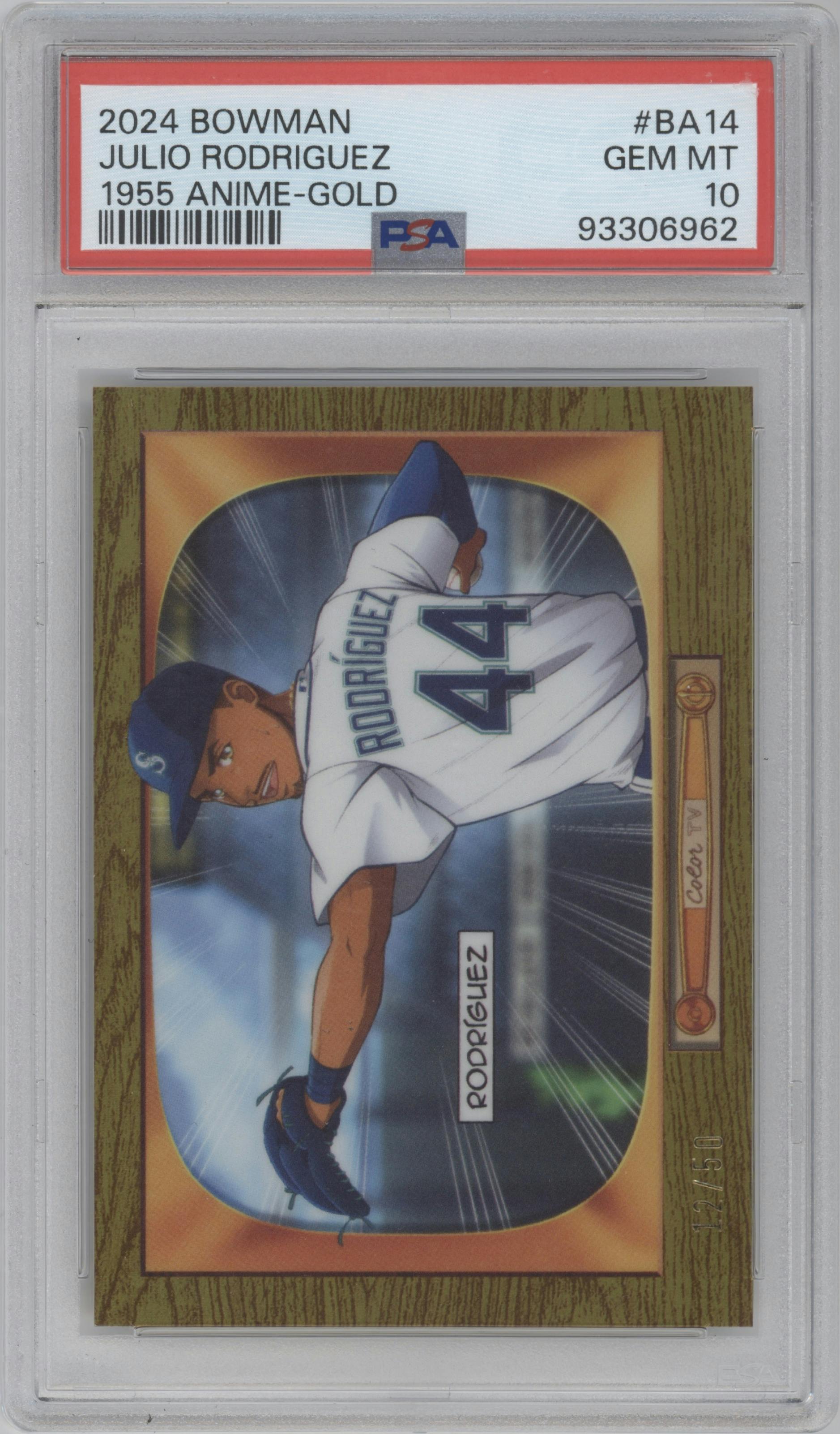 Julio Rodriguez from the 2024 Bowman set featuring a Gold Refractor parallel graded by PSA and given an overall grade of 10.