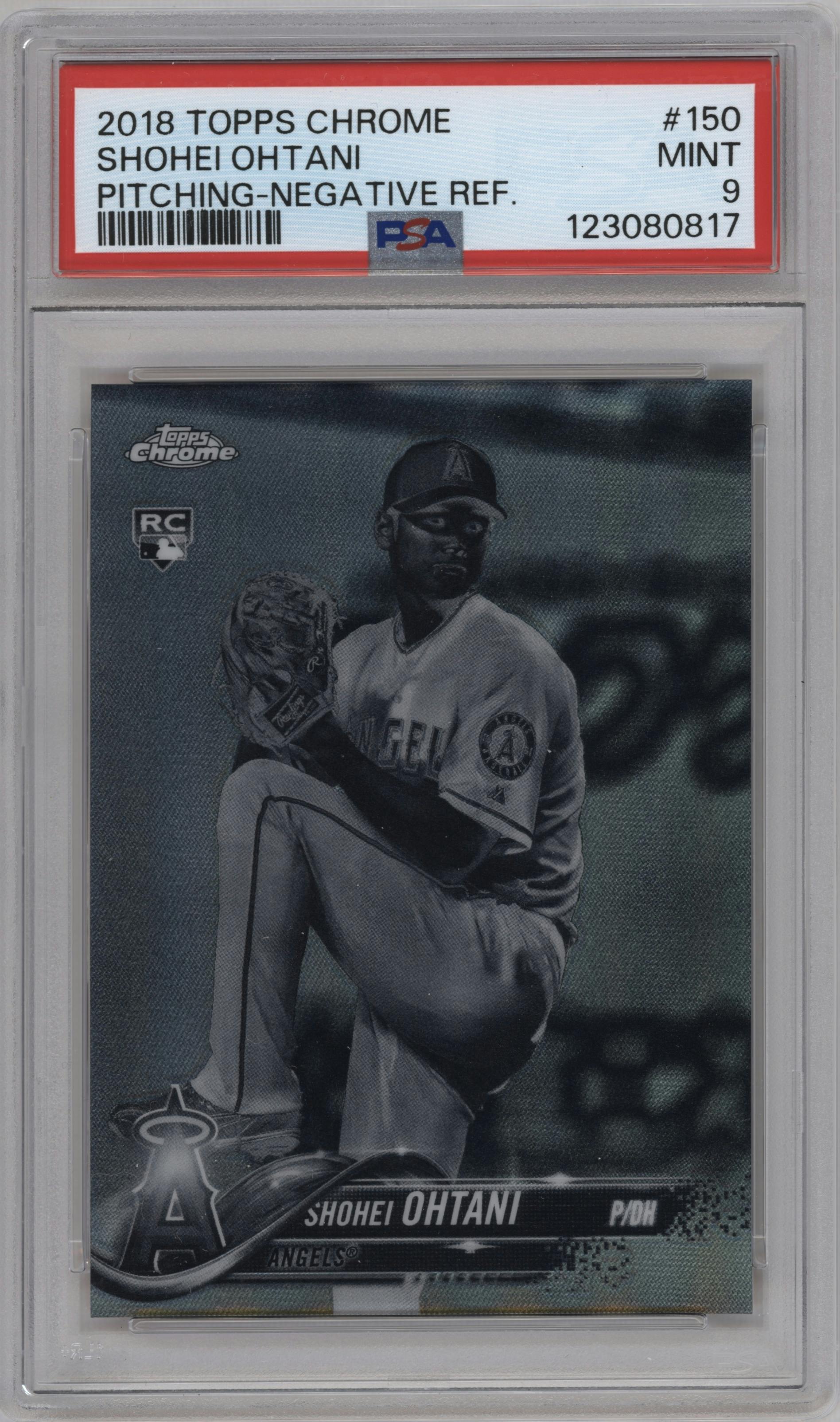 Shohei Ohtani from the 2018 Topps Chrome set featuring a Negative Refractor  parallel graded by PSA and given an overall grade of 9.