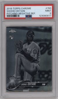 Shohei Ohtani from the 2018 Topps Chrome set featuring a Negative Refractor parallel graded by PSA and given an overall grade of 9.
