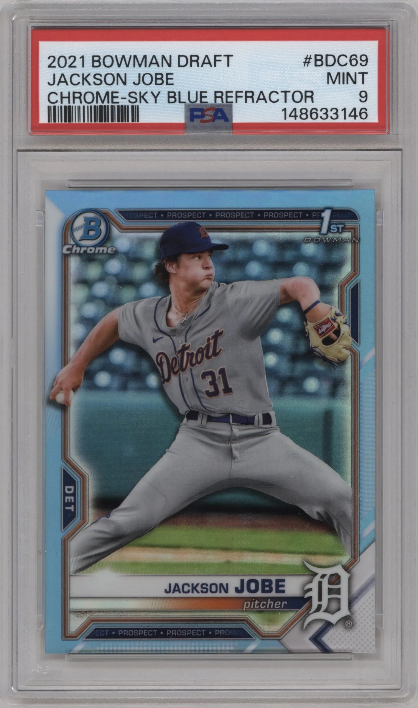 2021 Bowman Draft Chrome Jackson Jobe Sky Blue Refractor PSA 9