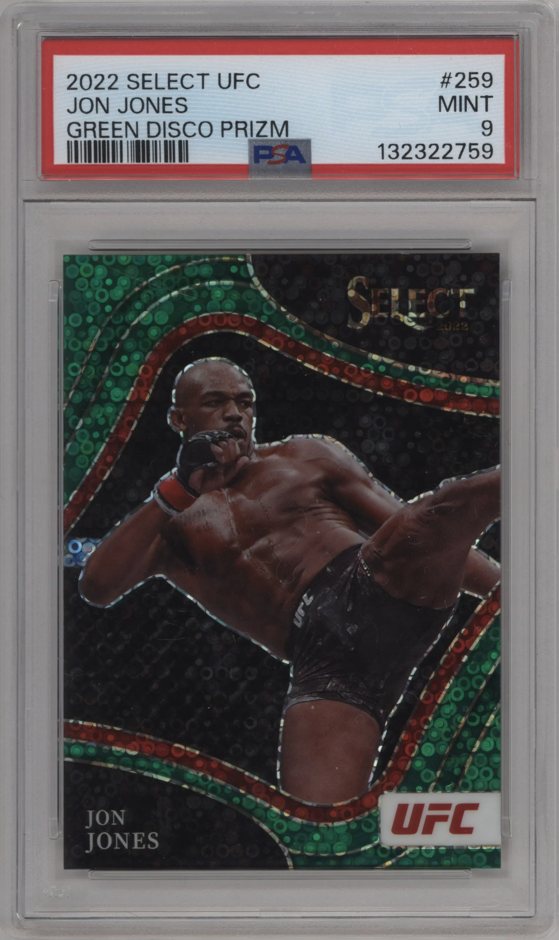 2022 Panini Select UFC Octagonside Jon Jones Green Disco Prizm #259 PSA 9