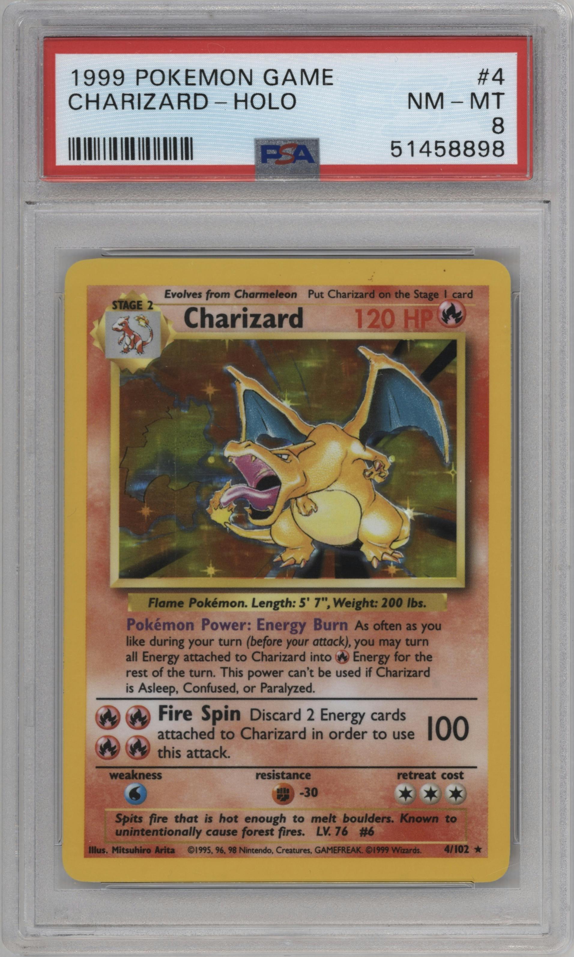 Charizard from the 1999 Pokemon set graded by PSA and given an overall grade of 8.