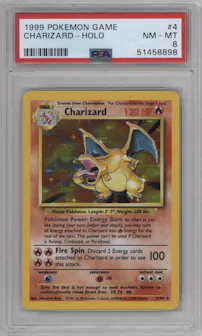 Charizard from the 1999 Pokemon set graded by PSA and given an overall grade of 8.