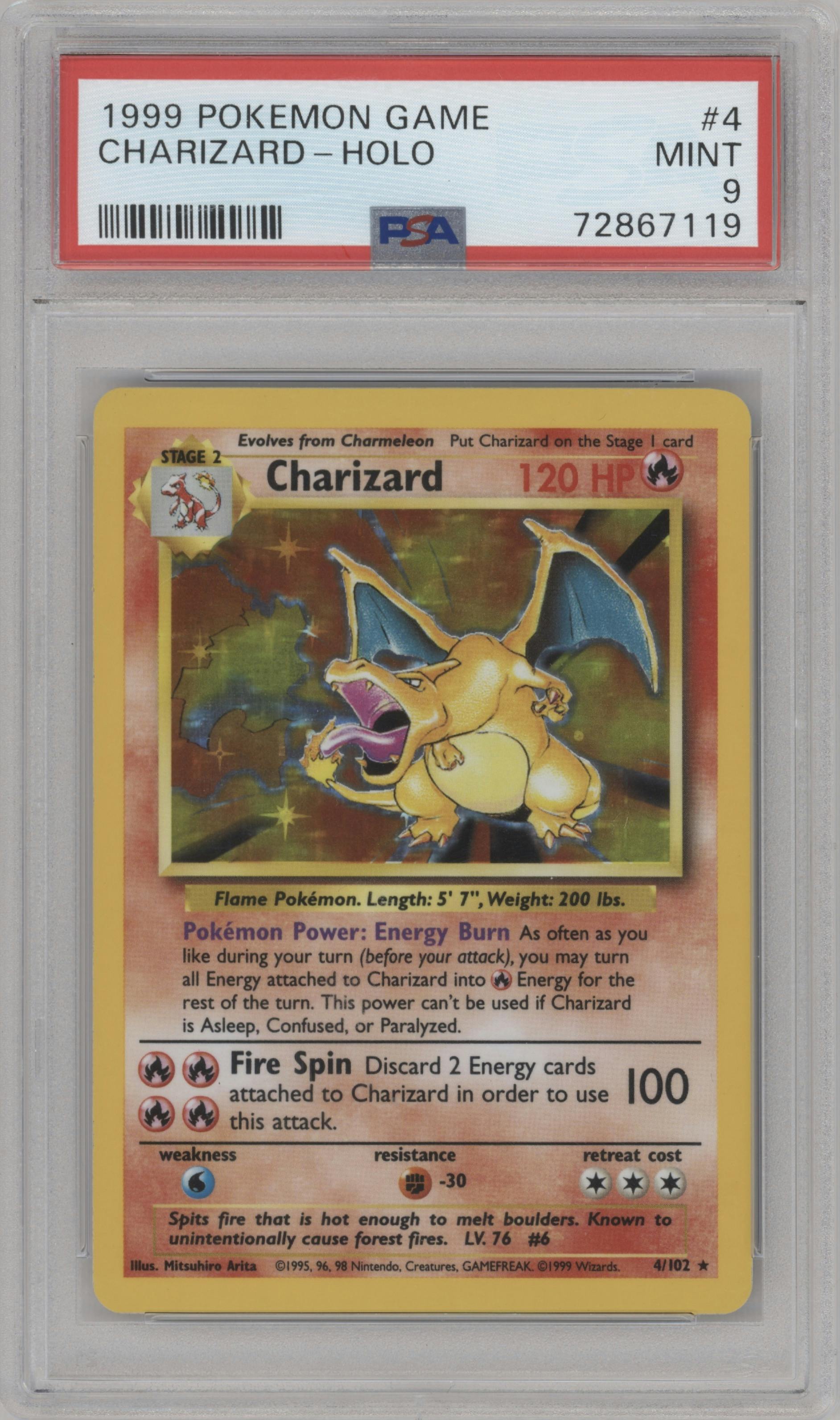 Charizard from the 1999 Pokemon set graded by PSA and given an overall grade of 9.