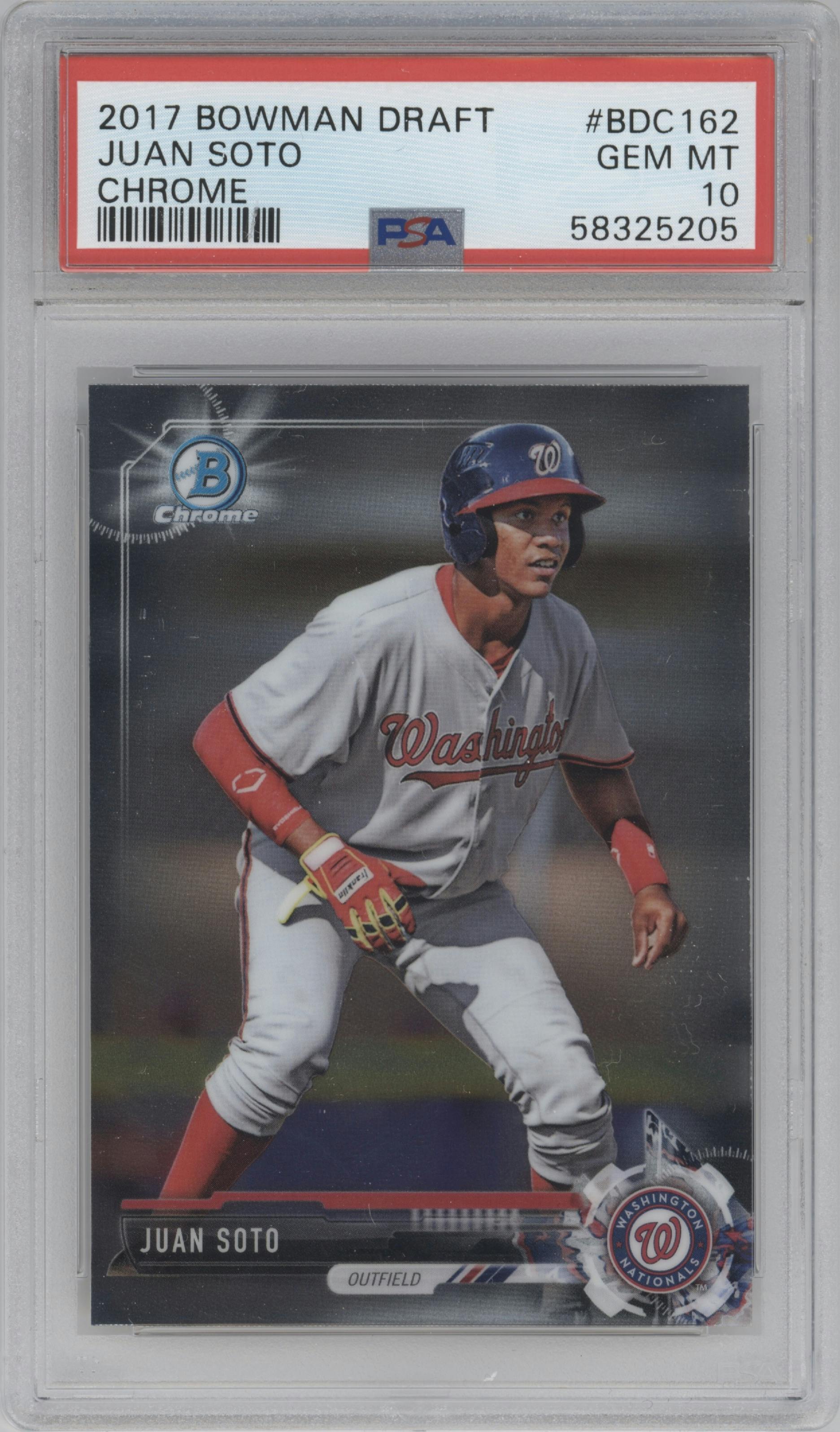 Juan Soto from the 2017 Bowman Draft set graded by PSA and given an overall grade of 10.