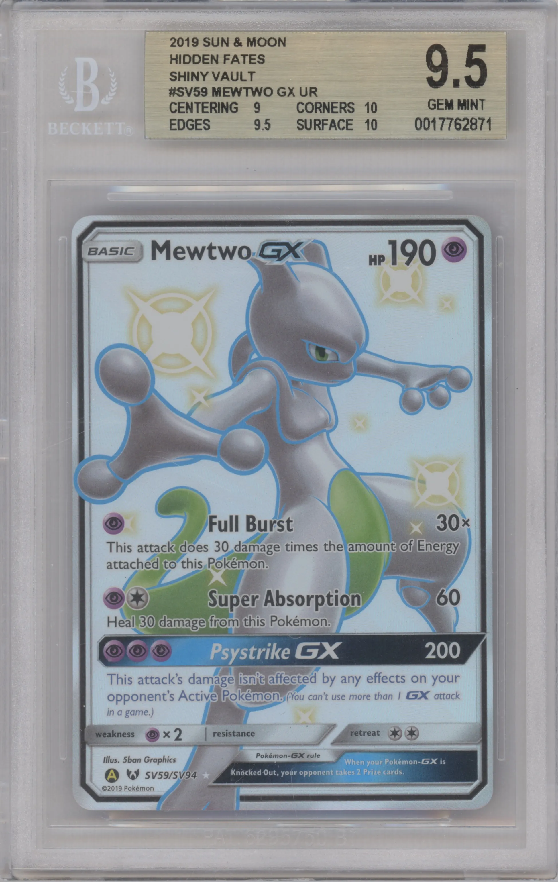 2019 Pokemon S&M Hidden Fates Mewtwo GX #SV59 BGS 9.5