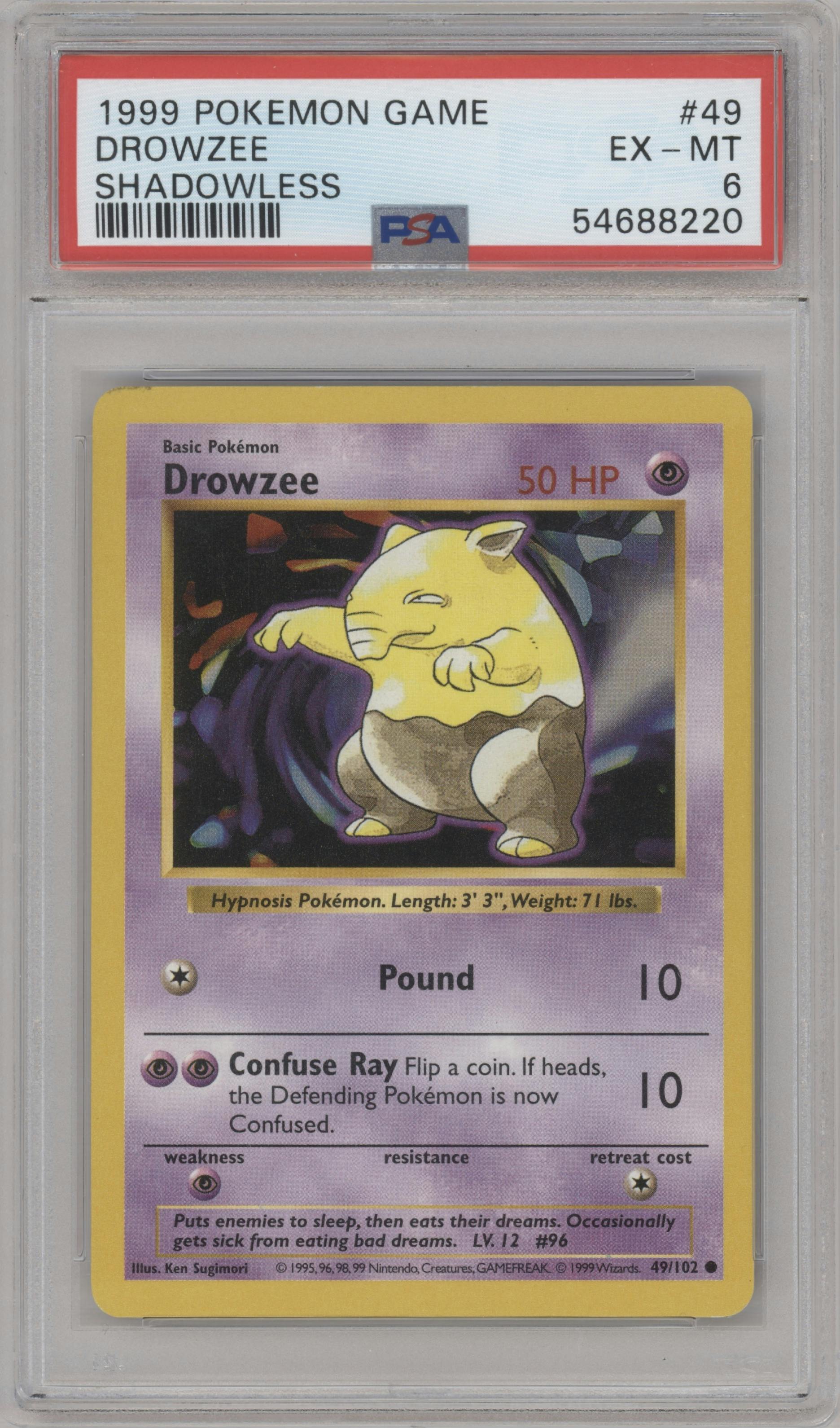 Drowzee from the 1999 Pokemon set graded by PSA and given an overall grade of 6.
