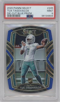 Tua Tagovailoa from the 2020 Panini Select set featuring a Die-Cut Blue Prizm parallel graded by PSA and given an overall grade of 9.