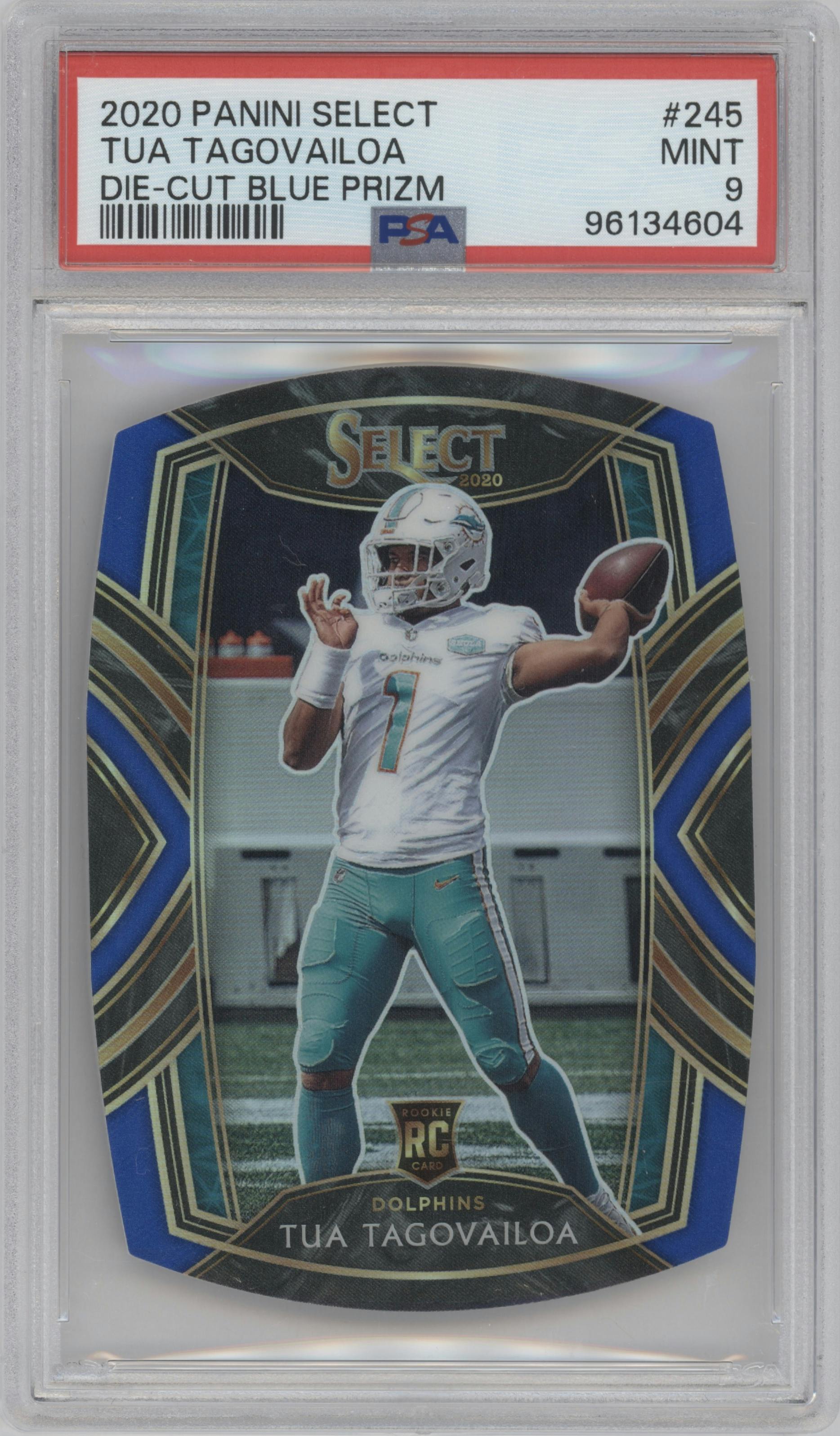 Tua Tagovailoa from the 2020 Panini Select set featuring a Die-Cut Blue Prizm parallel graded by PSA and given an overall grade of 9.