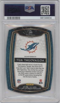 Tua Tagovailoa from the 2020 Panini Select set featuring a Die-Cut Blue Prizm parallel graded by PSA and given an overall grade of 9.