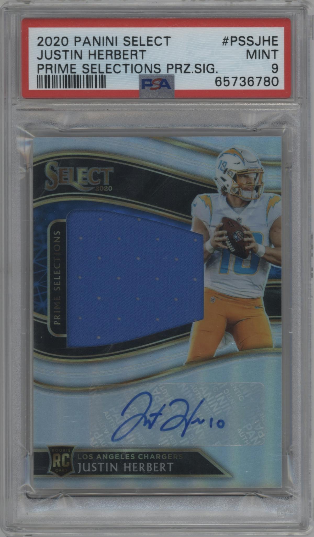 Justin Herbert from the 2020 Panini Select set graded by PSA and given an overall grade of 9.