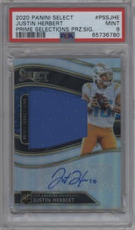 Justin Herbert from the 2020 Panini Select set graded by PSA and given an overall grade of 9.