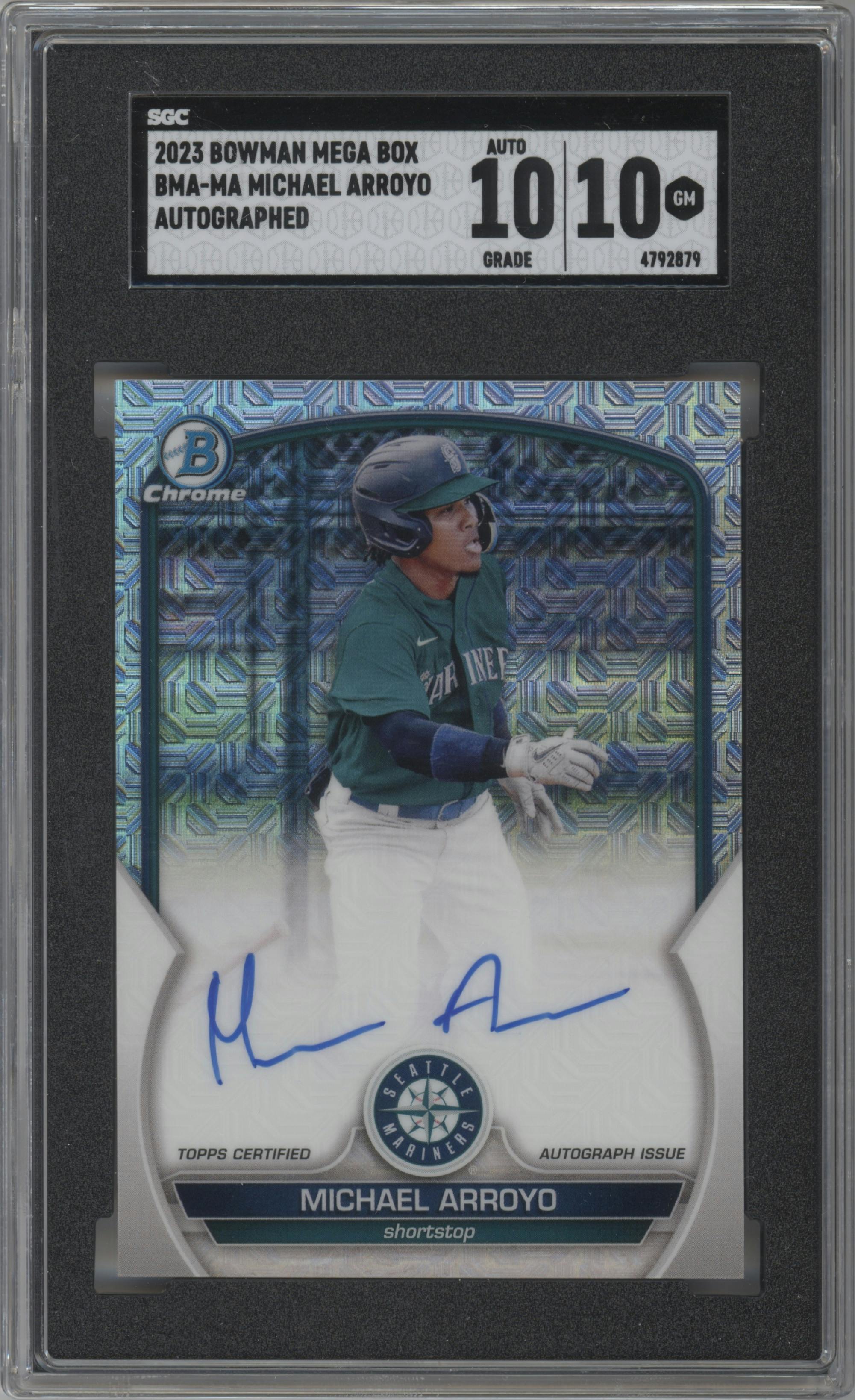 Michael Arroyo from the 2023 Bowman Mega Box set graded by SGC and given an overall grade of 10.