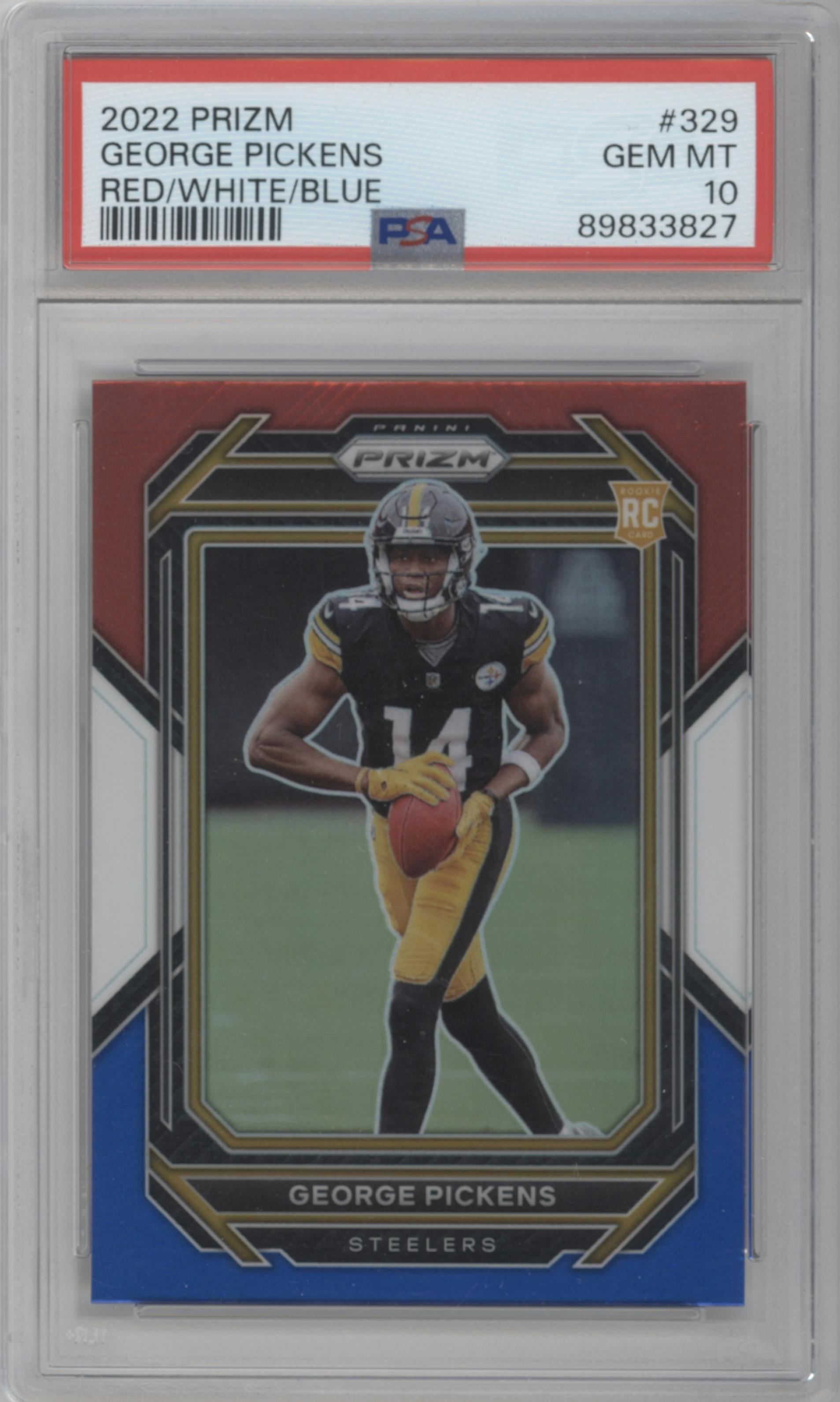 George Pickens from the 2022 Panini Prizm set featuring a Red/White/Blue Prizm parallel graded by PSA and given an overall grade of 10.