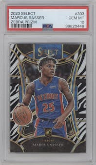Marcus Sasser from the 2023-24 Panini Select  set featuring a Zebra Prizm parallel graded by PSA and given an overall grade of 10.