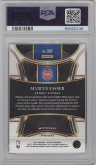 Marcus Sasser from the 2023-24 Panini Select  set featuring a Zebra Prizm parallel graded by PSA and given an overall grade of 10.