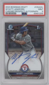 Wyatt Langford from the 2023 Bowman Draft set graded by PSA and given an overall grade of 9.