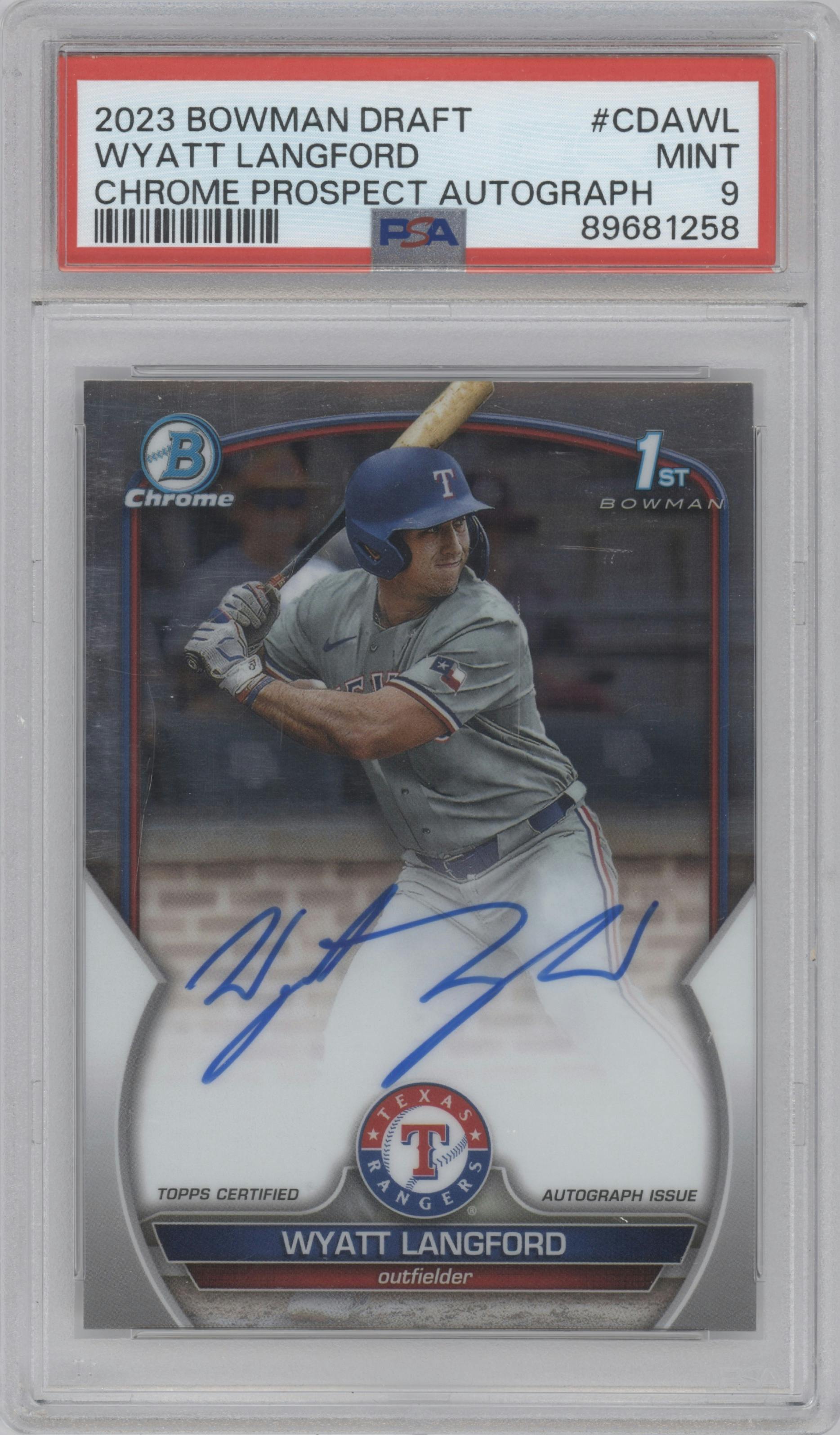 Wyatt Langford from the 2023 Bowman Draft set graded by PSA and given an overall grade of 9.