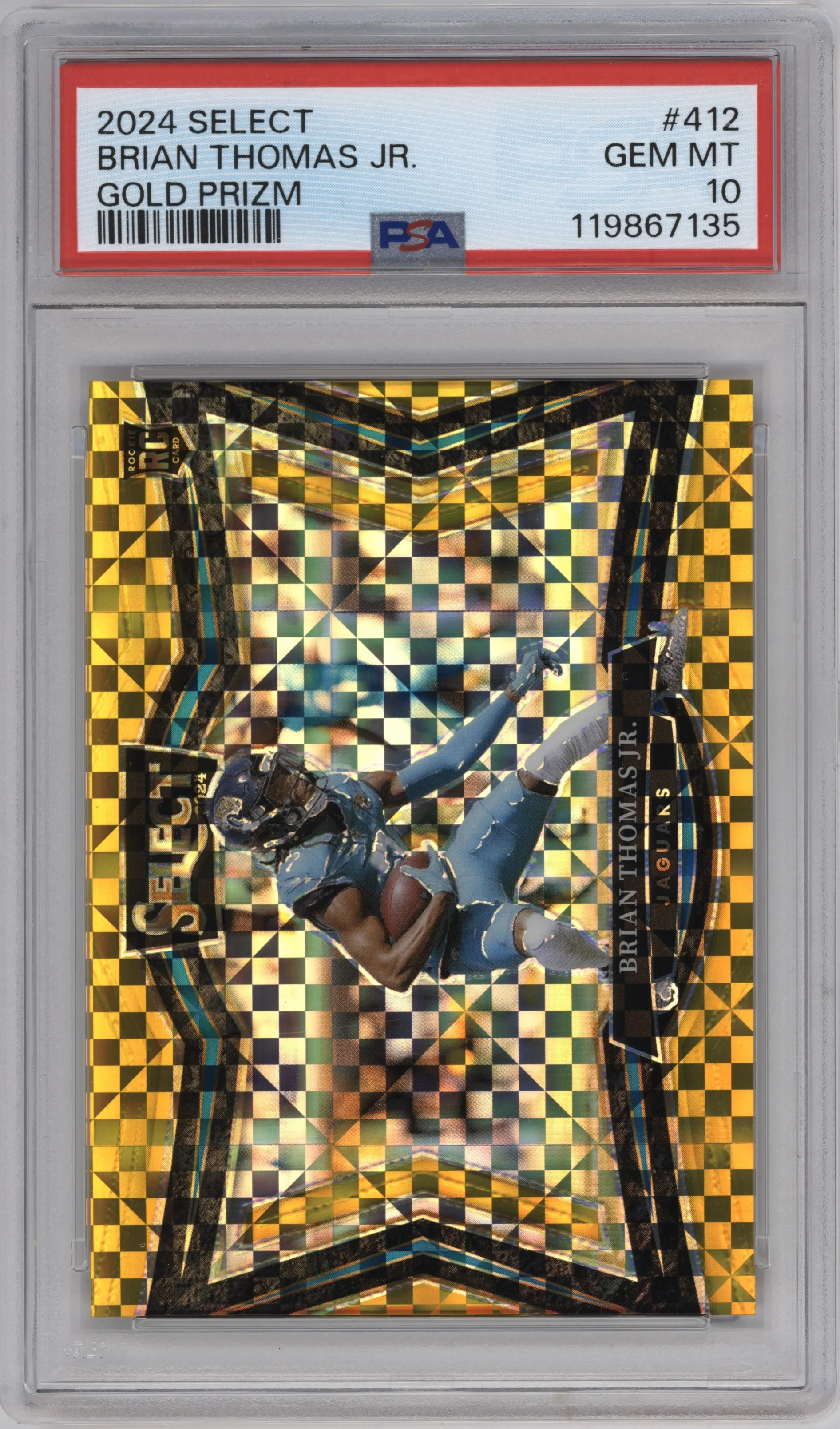 Brian Thomas Jr. from the 2024 Panini Select set featuring a Gold Prizm parallel graded by PSA and given an overall grade of 10.