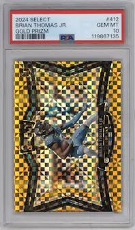 Brian Thomas Jr. from the 2024 Panini Select set featuring a Gold Prizm parallel graded by PSA and given an overall grade of 10.