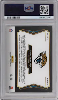 Brian Thomas Jr. from the 2024 Panini Select set featuring a Gold Prizm parallel graded by PSA and given an overall grade of 10.