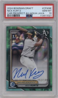 Nick Kurtz from the 2024 Bowman Draft set featuring a Aqua Lava Refractor   parallel graded by PSA and given an overall grade of 10.