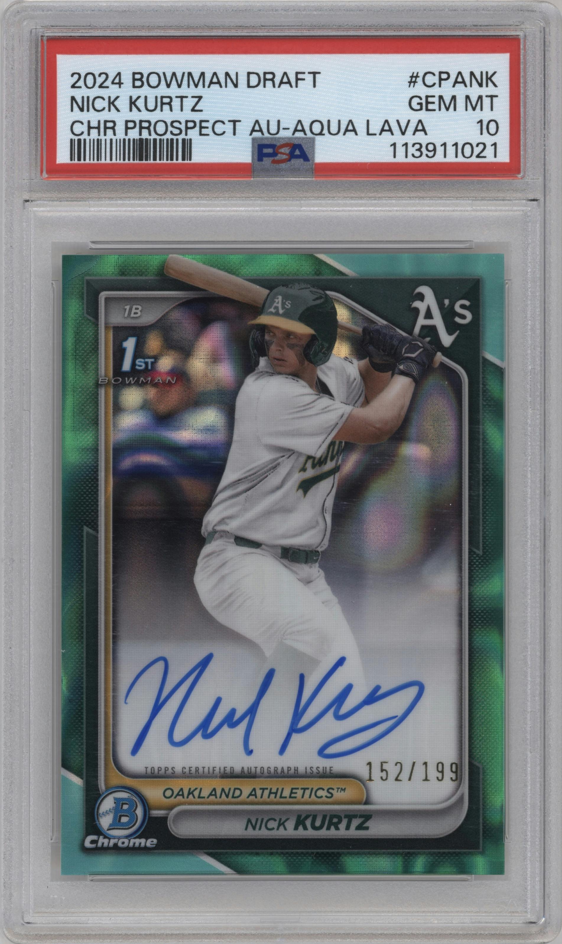Nick Kurtz from the 2024 Bowman Draft set featuring a Aqua Lava Refractor   parallel graded by PSA and given an overall grade of 10.