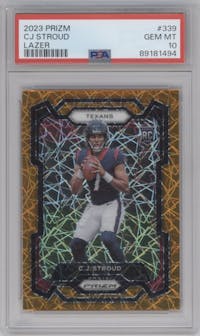 C.J. Stroud from the 2023 Panini Prizm set featuring a Lazer parallel graded by PSA and given an overall grade of 10.