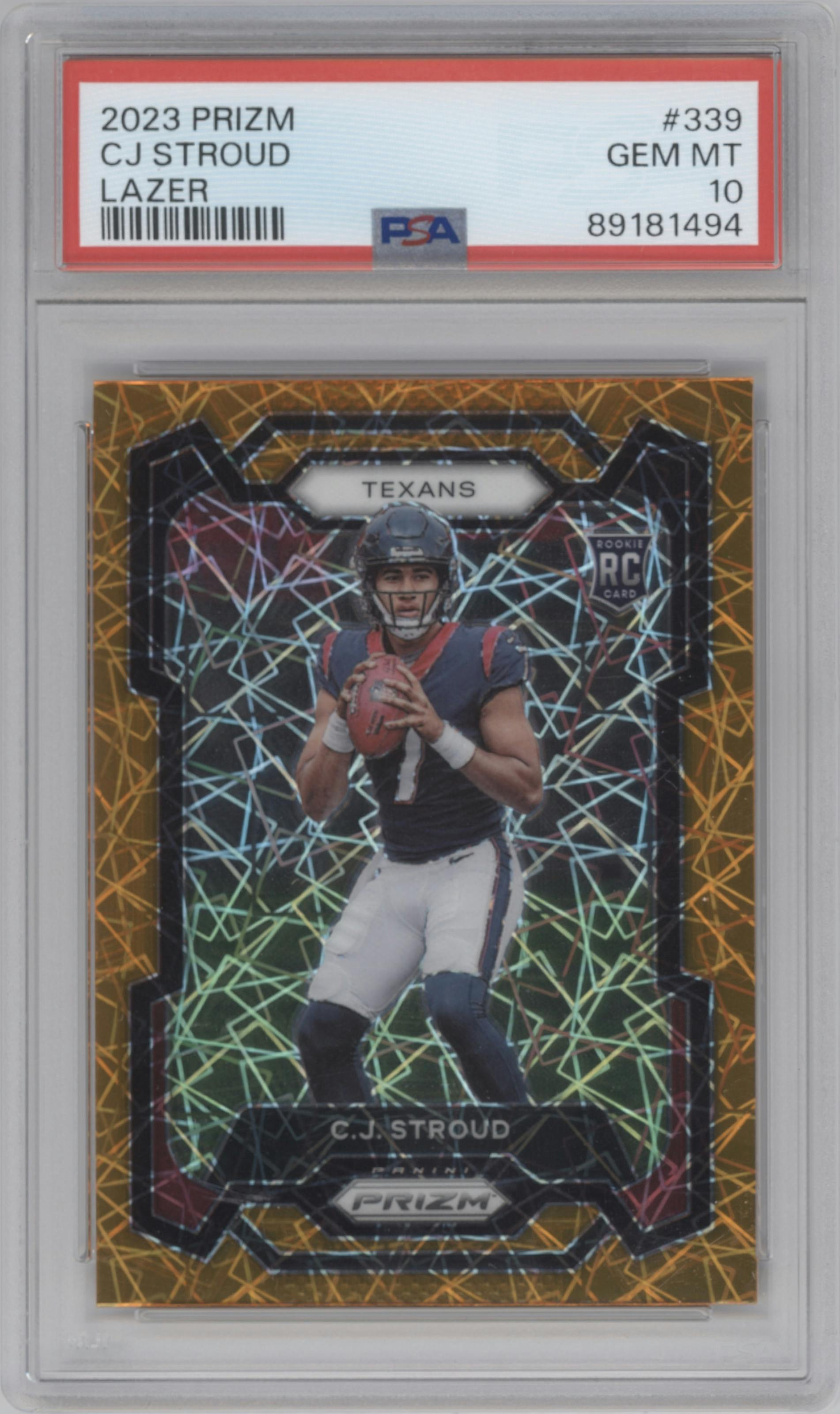 C.J. Stroud from the 2023 Panini Prizm set featuring a Lazer parallel graded by PSA and given an overall grade of 10.