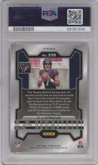 C.J. Stroud from the 2023 Panini Prizm set featuring a Lazer parallel graded by PSA and given an overall grade of 10.