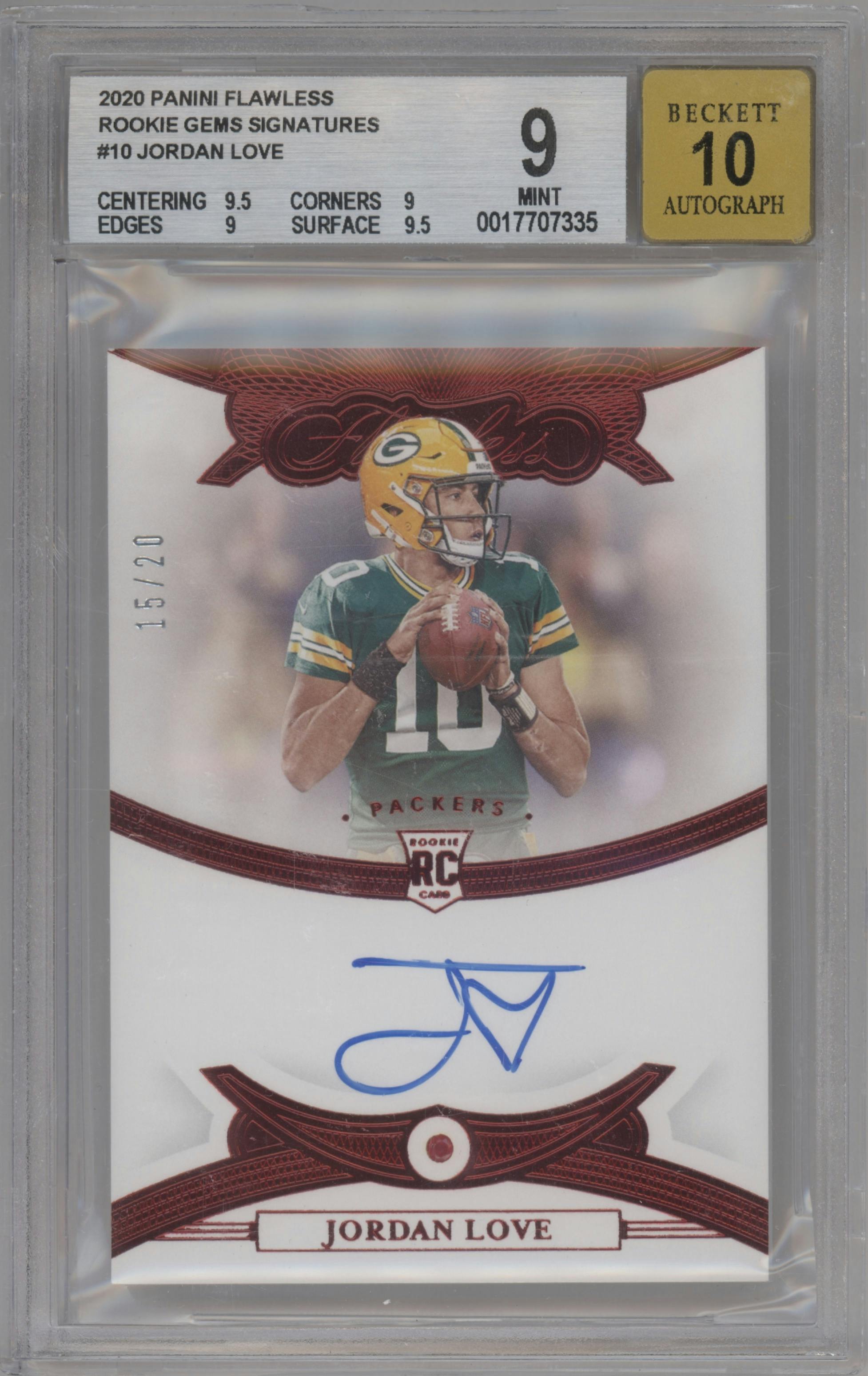 Jordan Love from the 2020 Panini Flawless set graded by Beckett and given an overall grade of 9.
