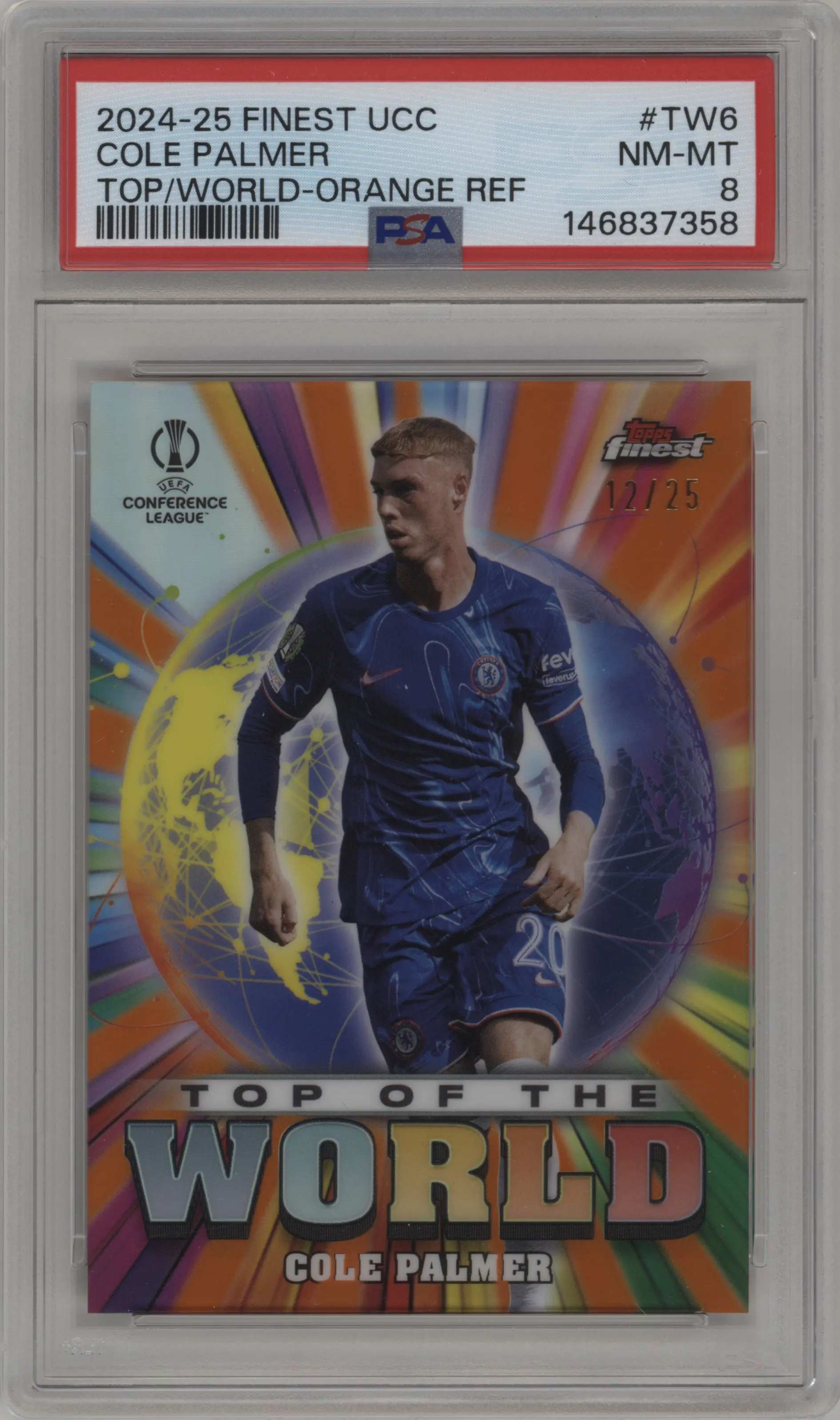2024 Finest UEFA Club Competitions Top of the World Cole Palmer Orange Refractor PSA 8