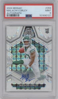 Malachi Corley from the 2024 Panini Mosaic set featuring a White Mosaic parallel graded by PSA and given an overall grade of 9.