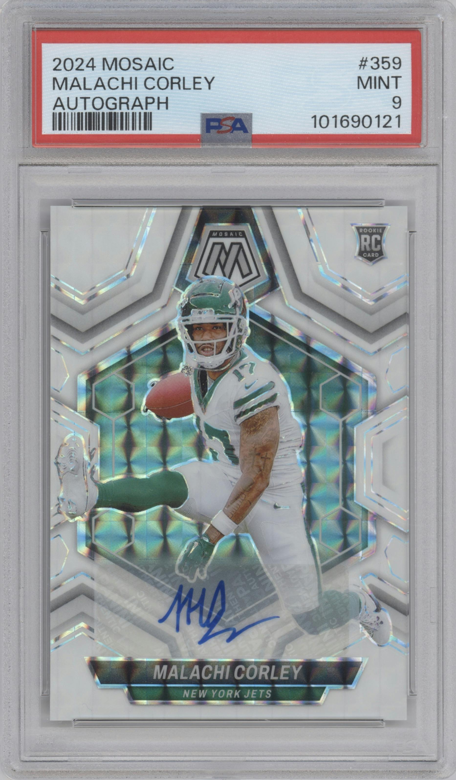 Malachi Corley from the 2024 Panini Mosaic set featuring a White Mosaic parallel graded by PSA and given an overall grade of 9.