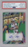 Drake Maye from the 2024 Topps Chrome set featuring a Green Refractor parallel graded by PSA and given an overall grade of 10.