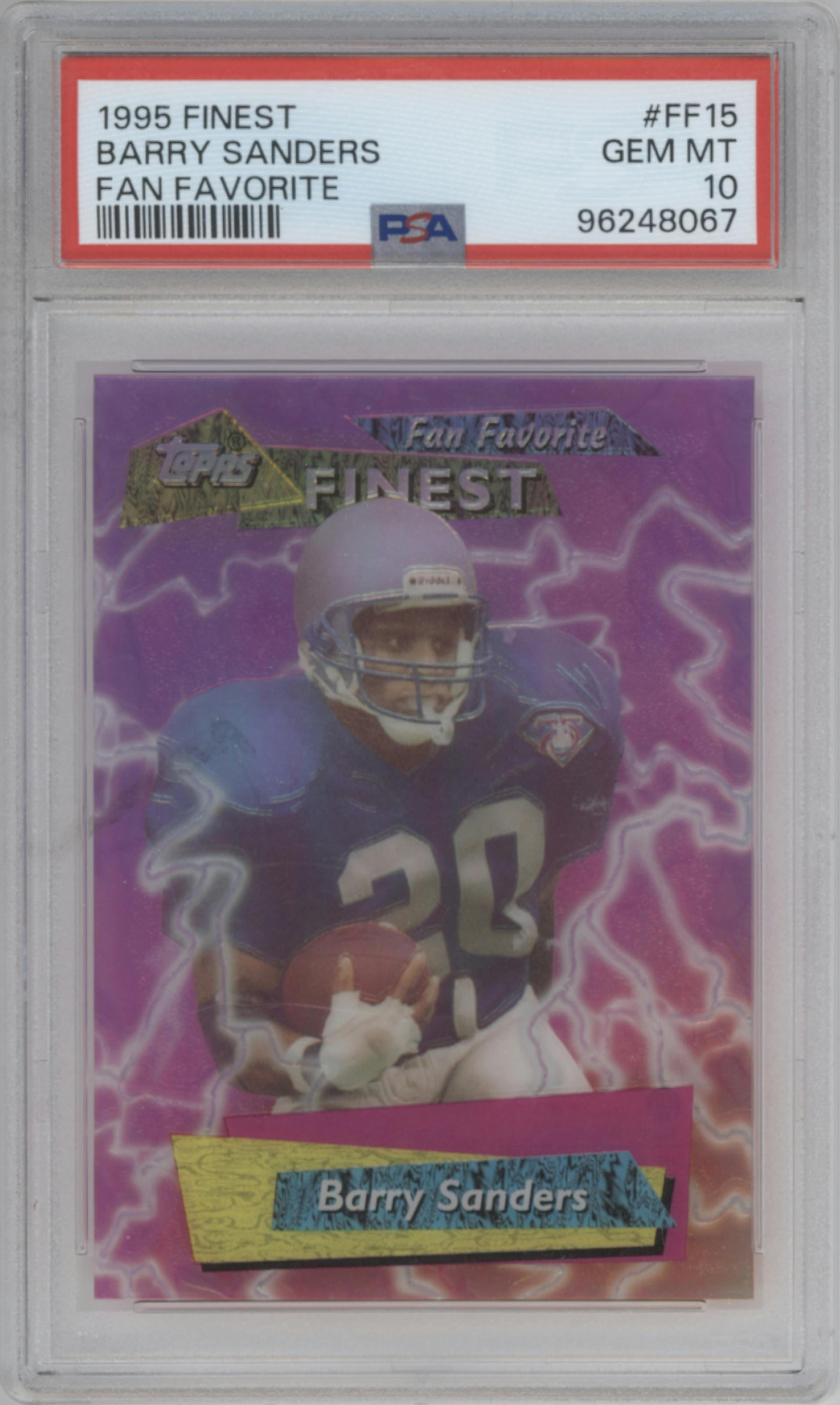Barry Sanders from the 1995 Topps Finest set graded by PSA and given an overall grade of 10.