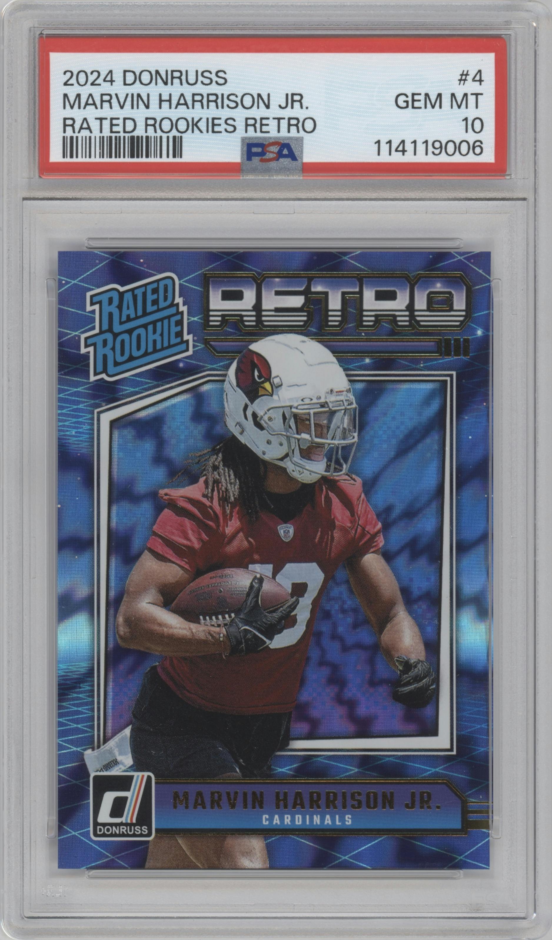 Marvin Harrison Jr. from the 2024 Donruss set graded by PSA and given an overall grade of 10.