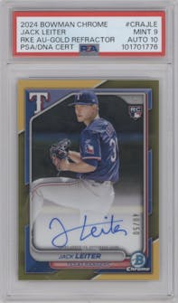 Jack Leiter from the 2024 Bowman Chrome set featuring a Gold Refractor parallel graded by PSA and given an overall grade of 9.