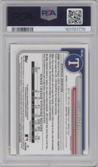 Jack Leiter from the 2024 Bowman Chrome set featuring a Gold Refractor parallel graded by PSA and given an overall grade of 9.