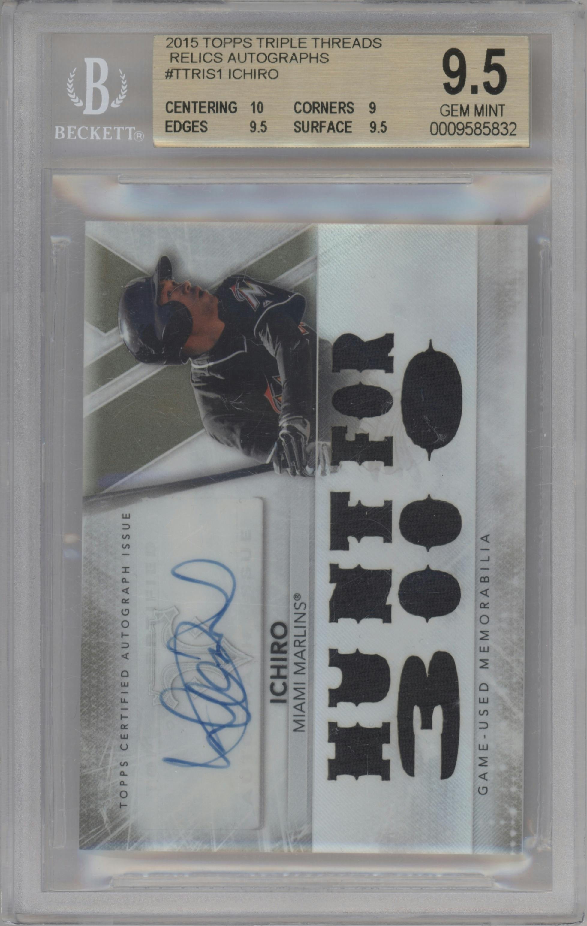 Ichiro from the 2015 Topps Triple Threads set graded by Beckett and given an overall grade of 9.5.
