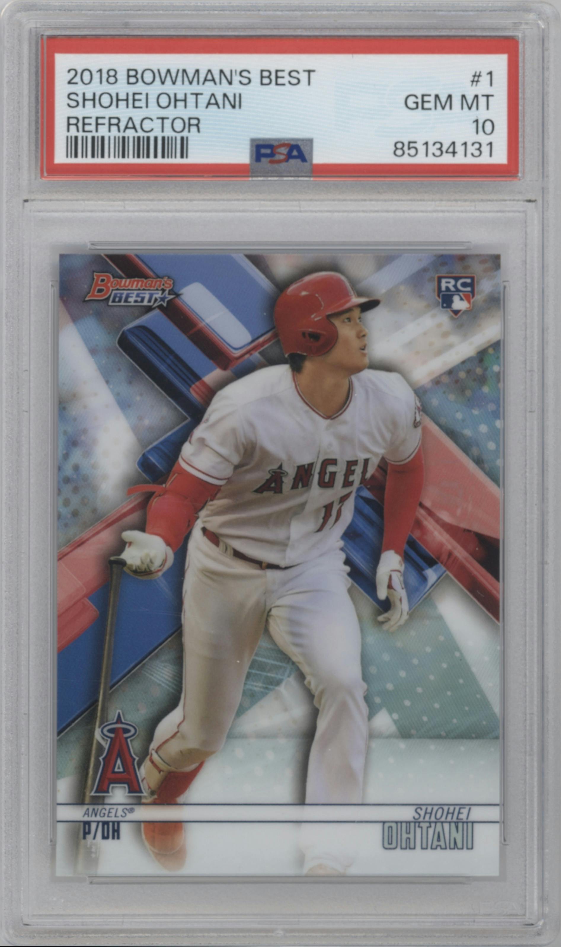 Shohei Ohtani from the 2018 Bowman’s Best set featuring a Refractor parallel graded by PSA and given an overall grade of 10.