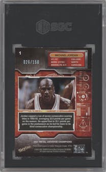 Michael Jordan from the 2021 Skybox Metal Universe Champions set featuring a Red Precious Metal Gems parallel graded by SGC and given an overall grade of 7.