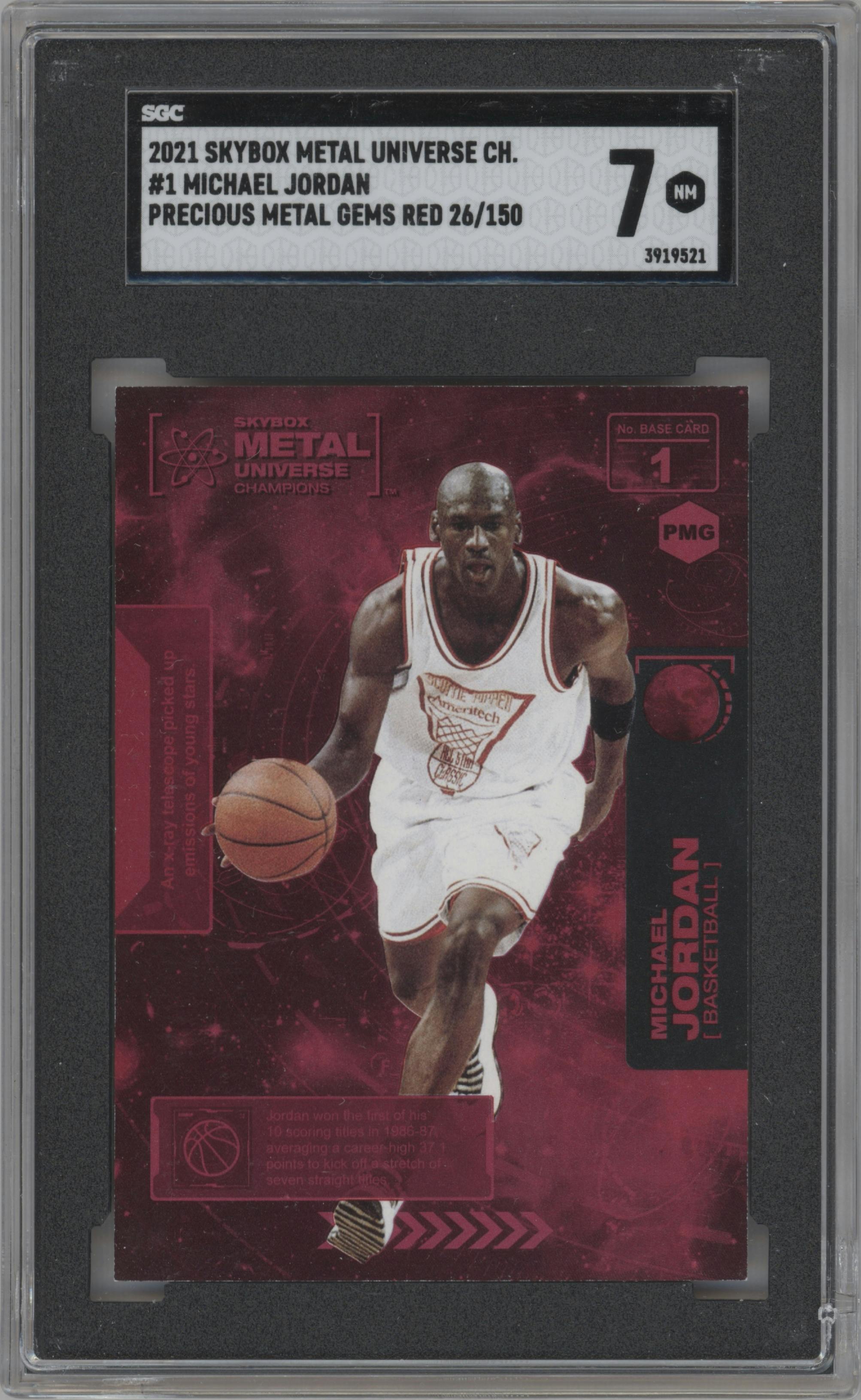 Michael Jordan from the 2021 Skybox Metal Universe Champions set featuring a Red Precious Metal Gems parallel graded by SGC and given an overall grade of 7.