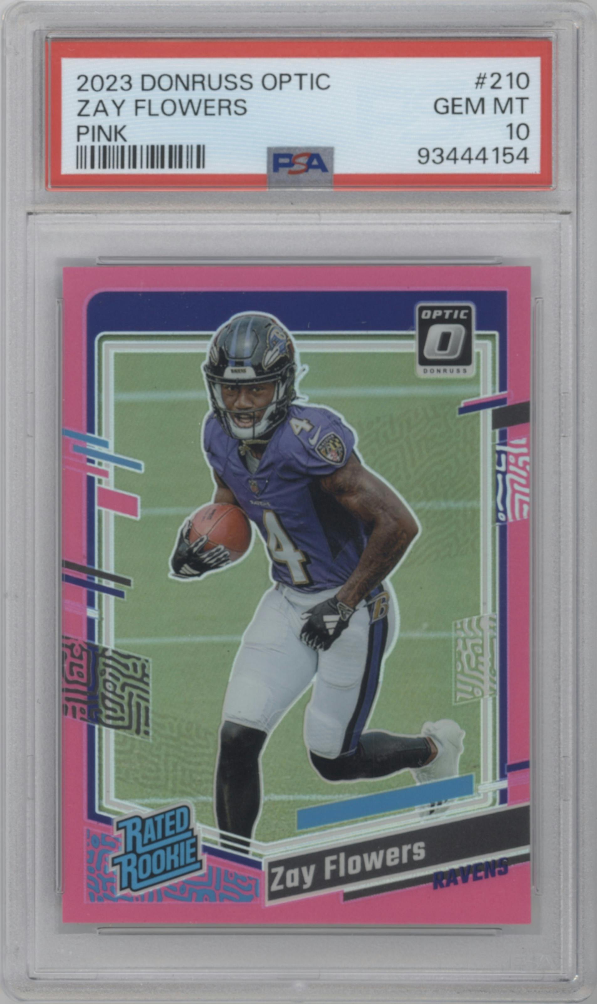 Zay Flowers from the 2023 Donruss Optic set featuring a Pink parallel graded by PSA and given an overall grade of 10.