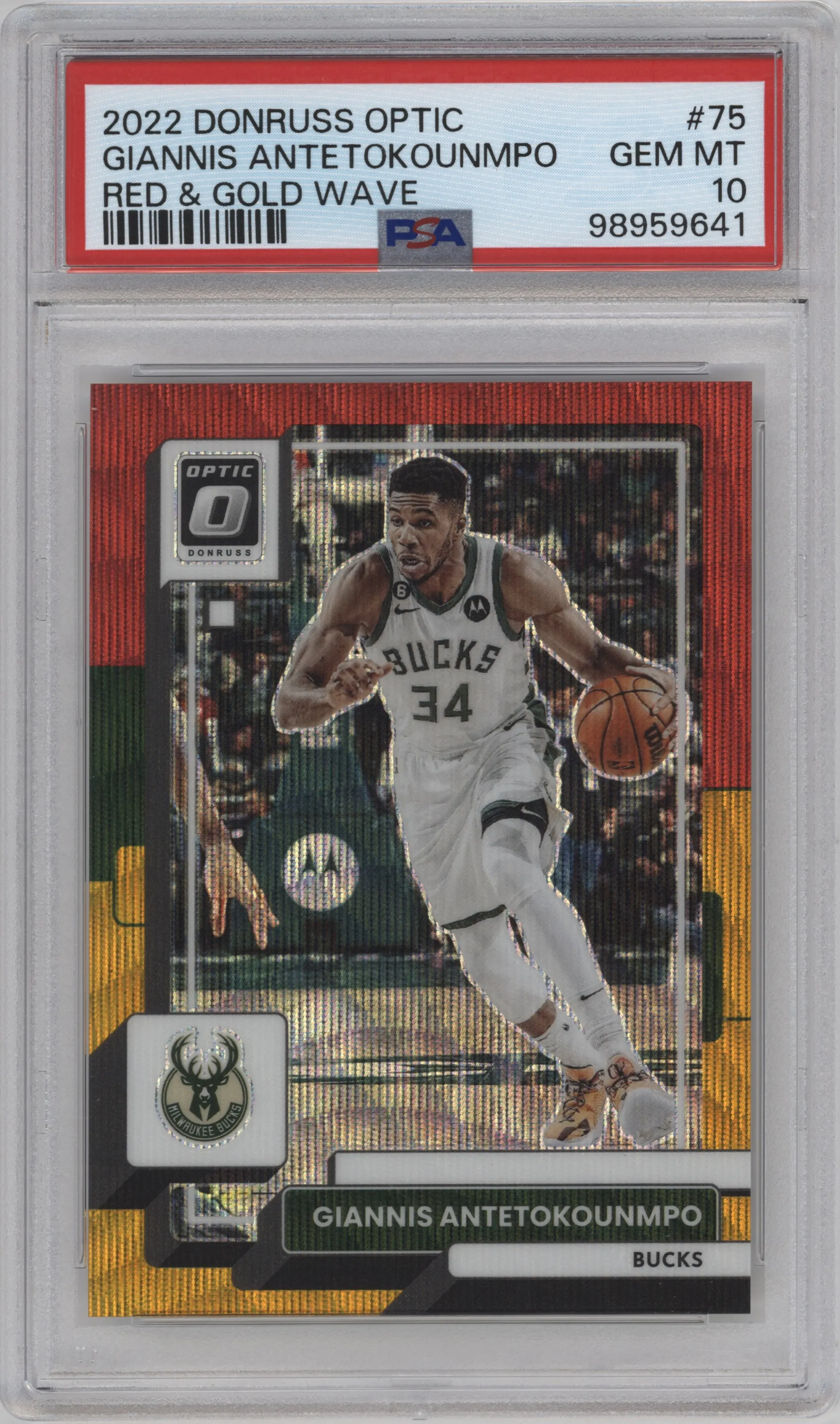 2022 Panini Donruss Optic Giannis Antetokounmpo Red & Gold Wave #75 PSA 10